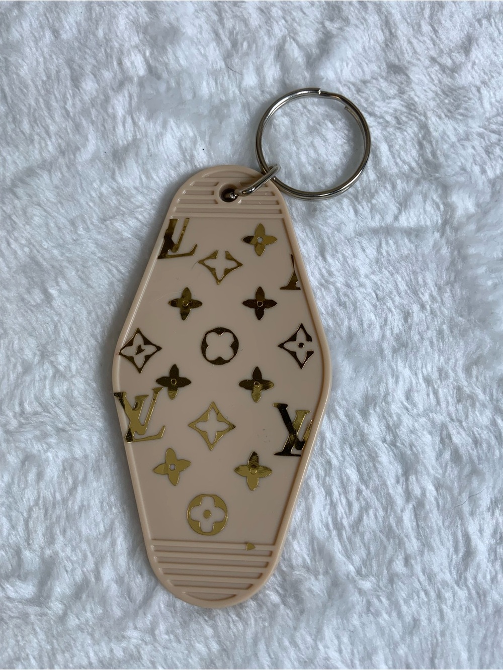 Designer-Inspired Beige and Gold Monogram Keychain